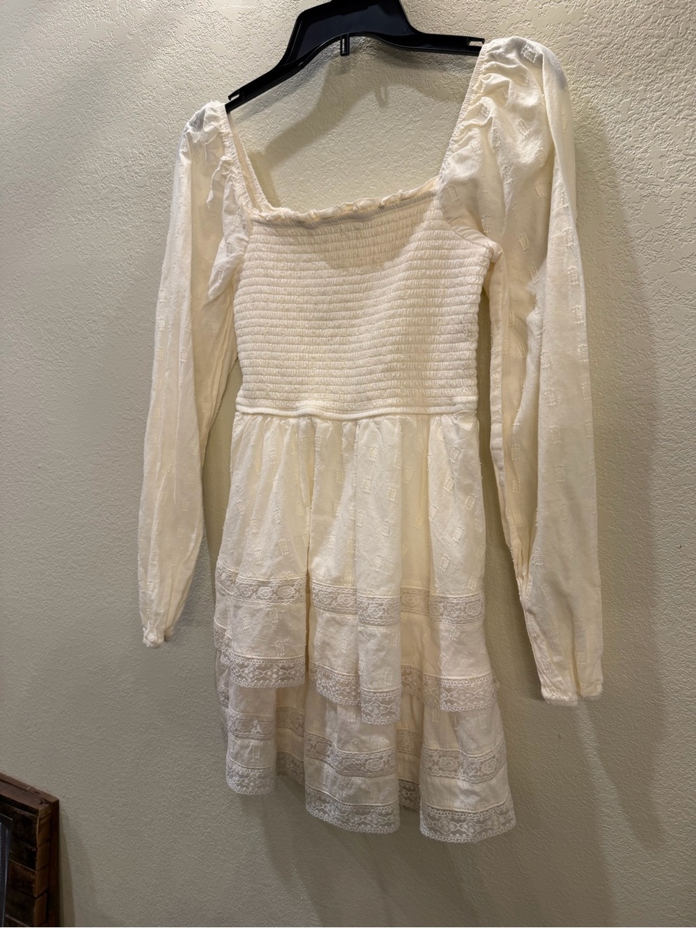 Altar'd State Cream Long-Sleeve Smocked Lace Tiered Dress. NWOT.